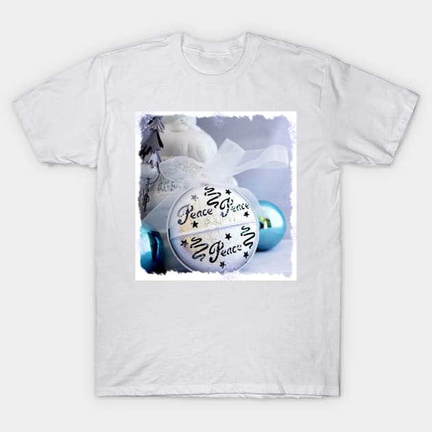 White Santa Claus & Silver Peace Christmas Ornaments on White T-Shirt by karenmcfarland13